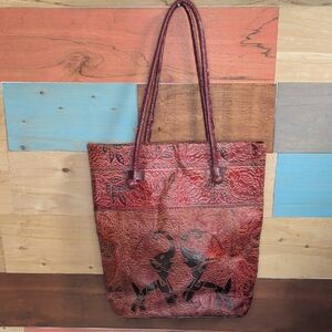 Embossed Red Leather Tote with Elephant Design
